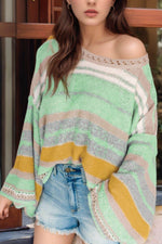 Contrast Striped Boat Neck Dropped Shoulder Sweater Gum Leaf for a perfect OOTD – dress to impress outfits from Amexza