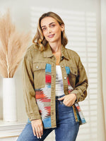 Dropped Shoulder Long Sleeve Printed Denim Jacket Khaki for a perfect OOTD – dress to impress outfits from Amexza