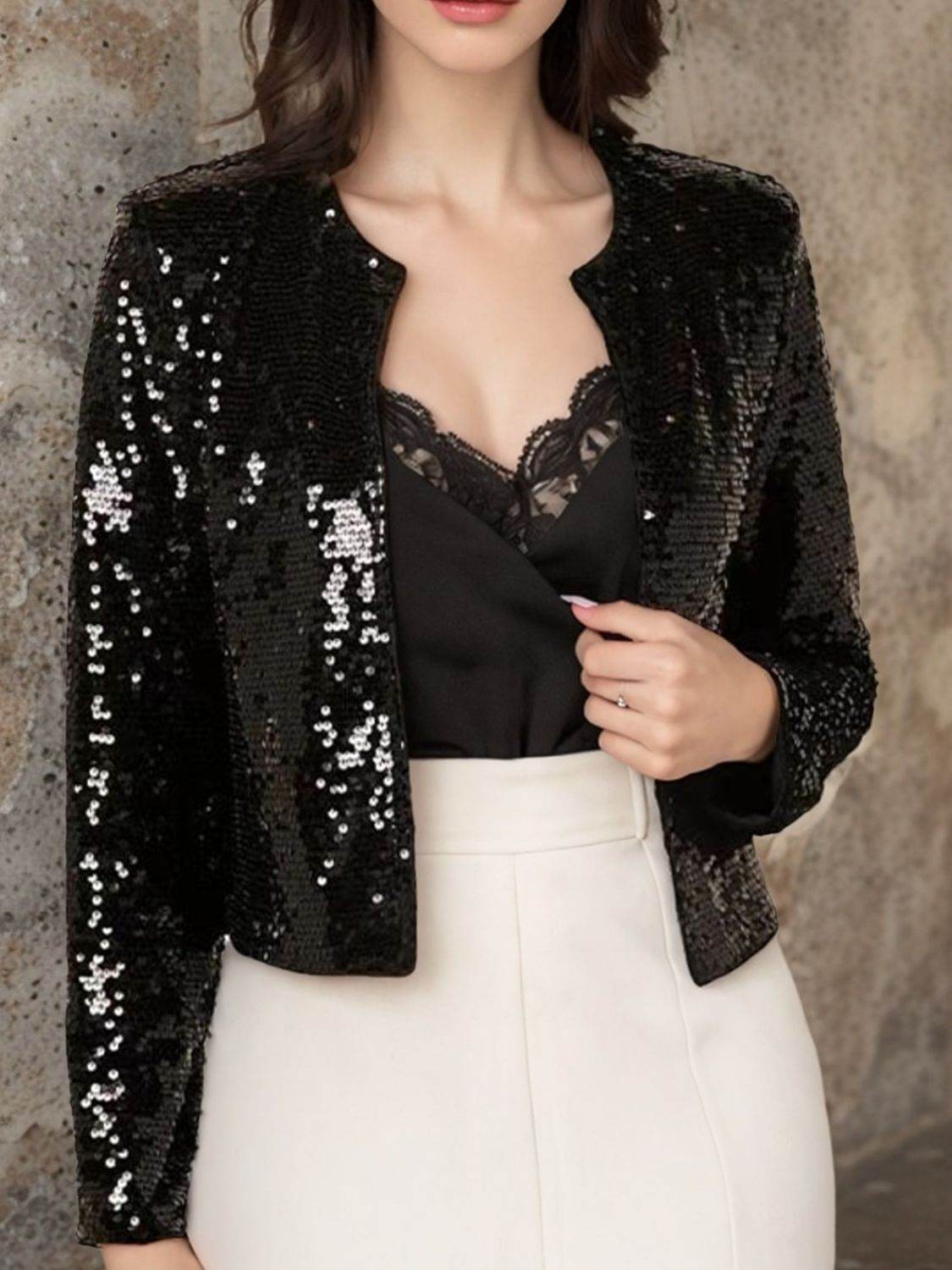 Full Size Sequin Open Front Cropped Jacket Black for a perfect OOTD – dress to impress outfits from Amexza