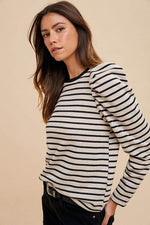 Annie Wear Striped Round Neck Puff Sleeve French Terry Top - Amexza