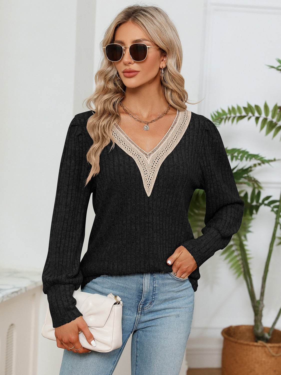 Lace Detail V-Neck Ribbed Blouse Black for a perfect OOTD – dress to impress outfits from Amexza