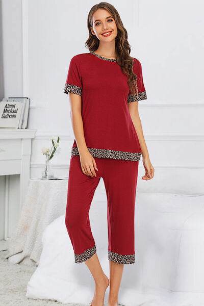 Round Neck Short Sleeve Top and Capris Pants Lounge Set Scarlet for a perfect OOTD – dress to impress outfits from Amexza