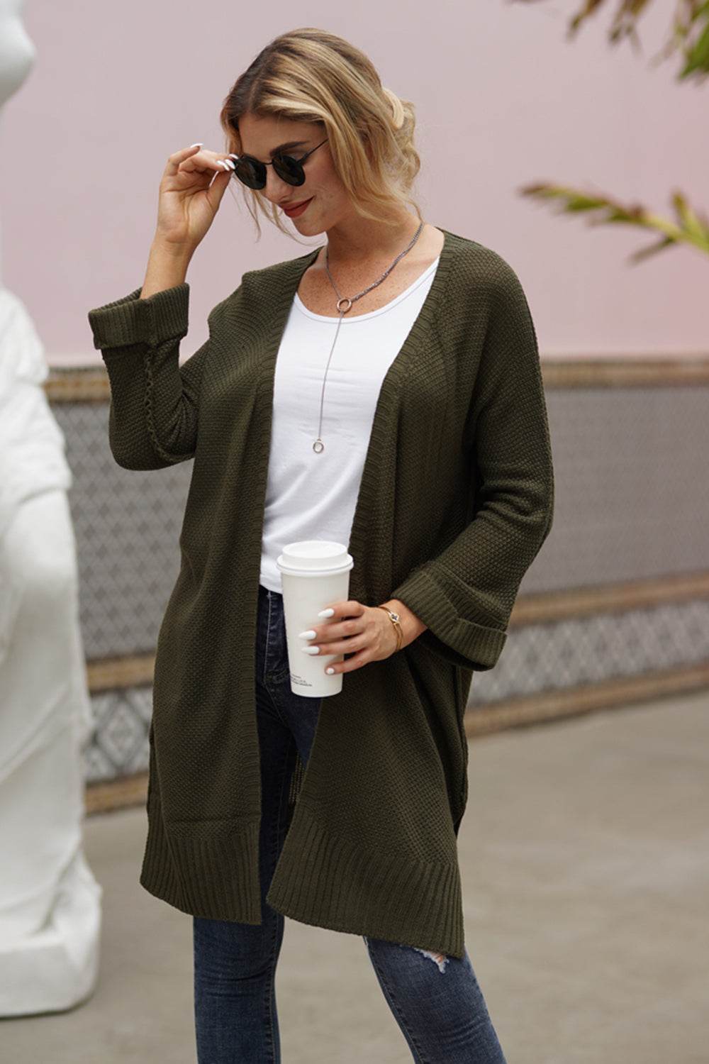 Open Front Long Sleeve Cardigan Army Green for a perfect OOTD – dress to impress outfits from Amexza