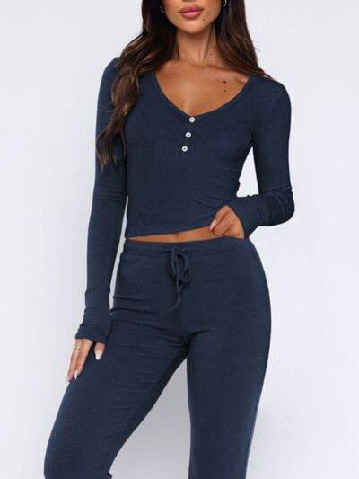 V-Neck Long Sleeve Top and Pants Set - Amexza