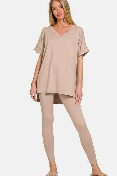 Zenana Full Size V-Neck Rolled Short Sleeve T-Shirt and Leggings Lounge Set - Amexza