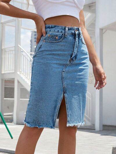 Raw Hem Slit Denim Skirt for a perfect OOTD – dress to impress outfits from Amexza