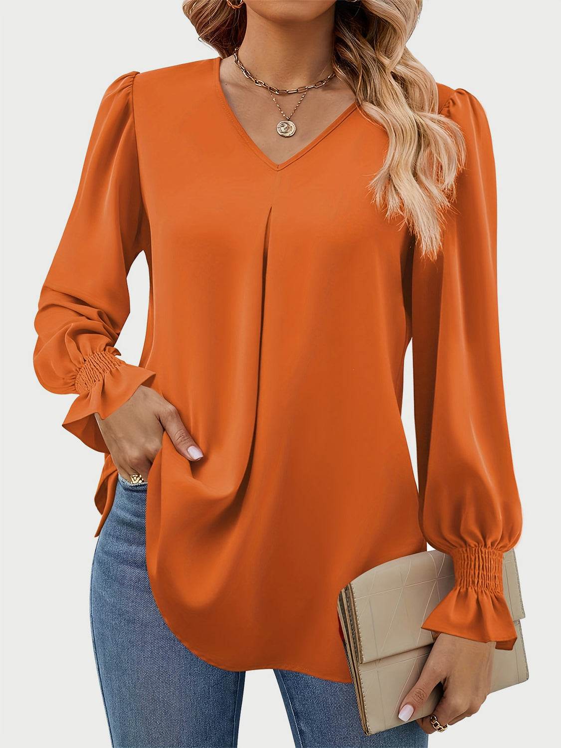 V-Neck Flounce Sleeve Top for a perfect OOTD – dress to impress outfits from Amexza