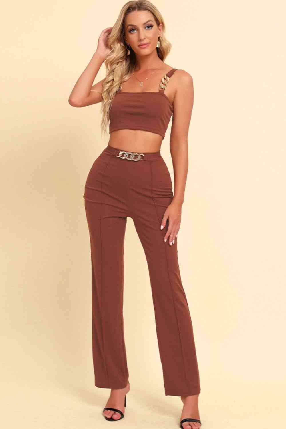 Chain Detail Cropped Cami and Straight Leg Pants Set for a perfect OOTD – dress to impress outfits from Amexza