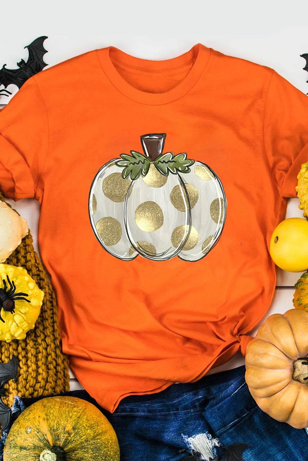 Pumpkin Graphic Round Neck Short Sleeve T-Shirt for a perfect OOTD – dress to impress outfits from Amexza