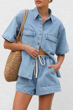 Collared Neck Button Up Top and Shorts Denim Set for a perfect OOTD – dress to impress outfits from Amexza