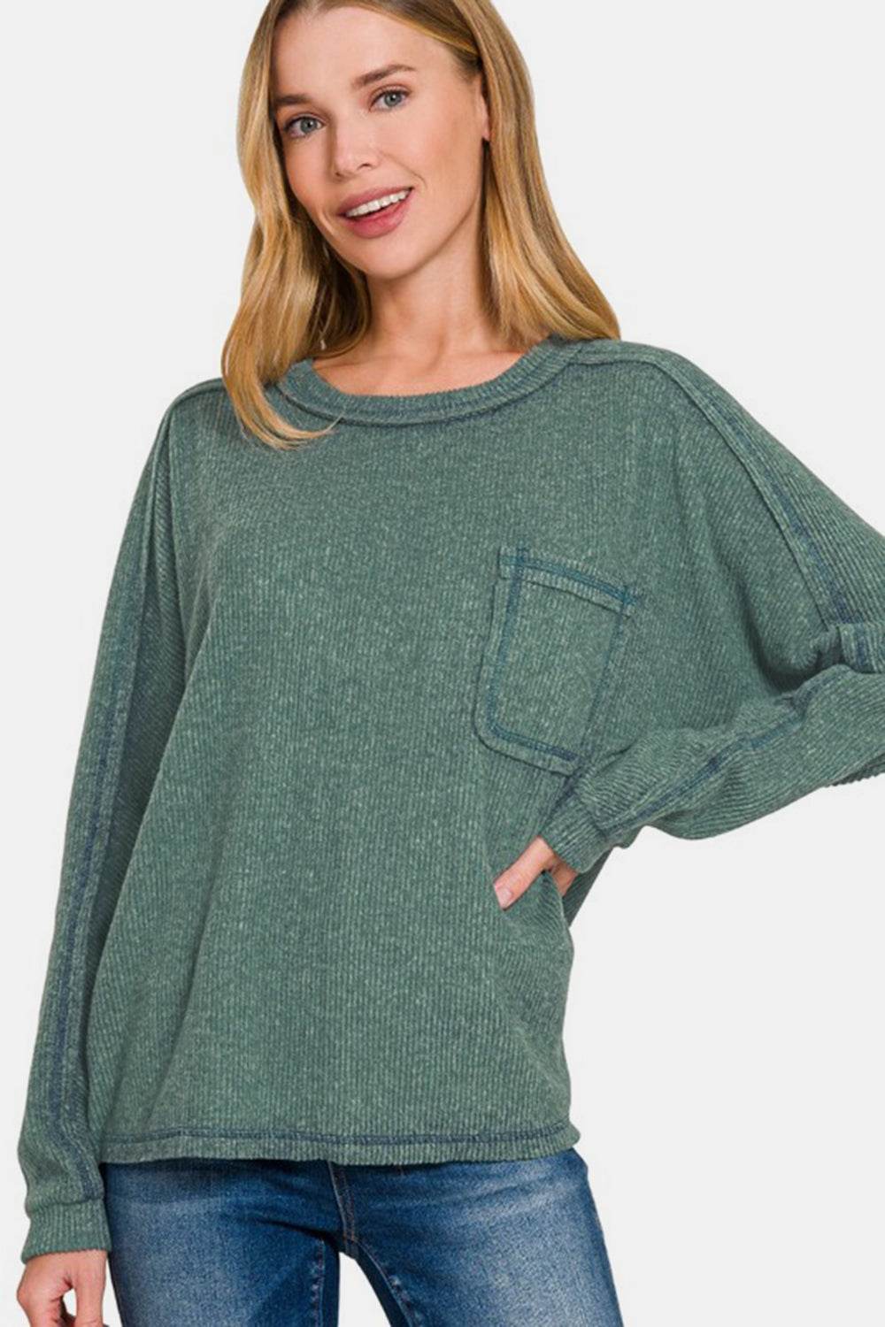 Zenana Full Size Contrast Stitching Brushed Ribbed Hacci Knit Top ASH JADE for a perfect OOTD – dress to impress outfits from Amexza