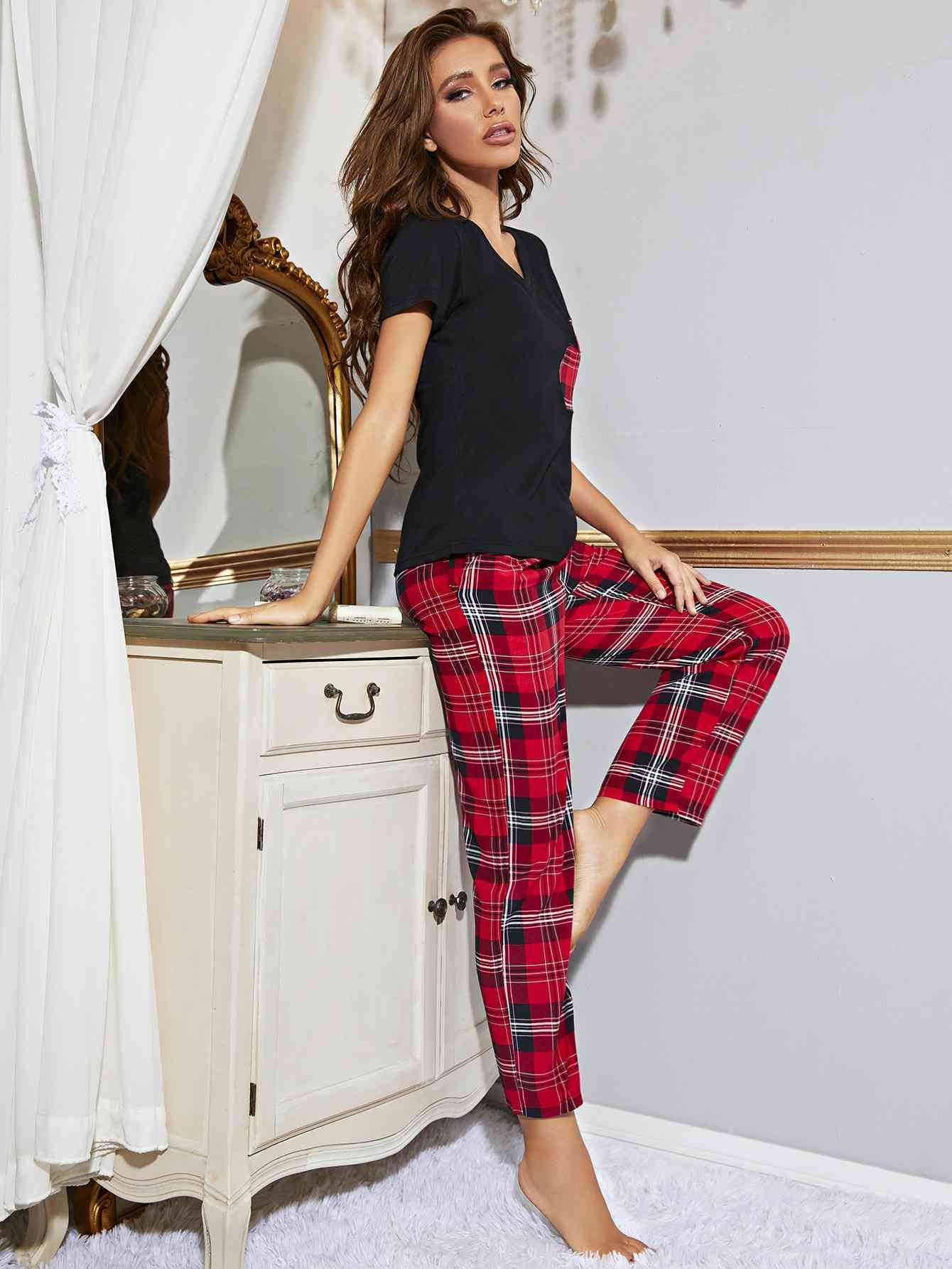 Heart Graphic V-Neck Top and Plaid Pants Lounge Set Black Red for a perfect OOTD – dress to impress outfits from Amexza