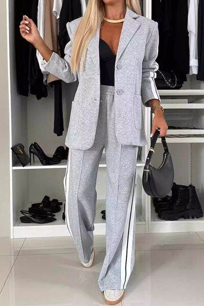 Full Size Contrast Lapel Collar Top and Pants Set Light Gray for a perfect OOTD – dress to impress outfits from Amexza