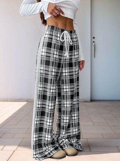 Perfee Drawstring Plaid Wide Leg Pants for a perfect OOTD – dress to impress outfits from Amexza