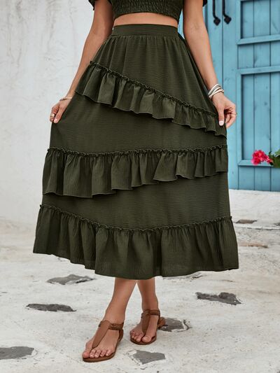 Honey Ruffled Elastic Waist Midi Skirt Dark Green for a perfect OOTD – dress to impress outfits from Amexza