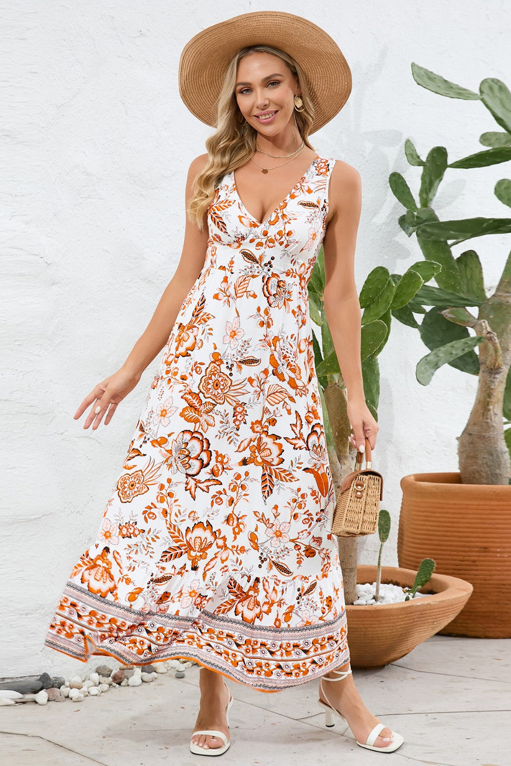 Printed V-Neck Wide Strap Dress - Orange / S