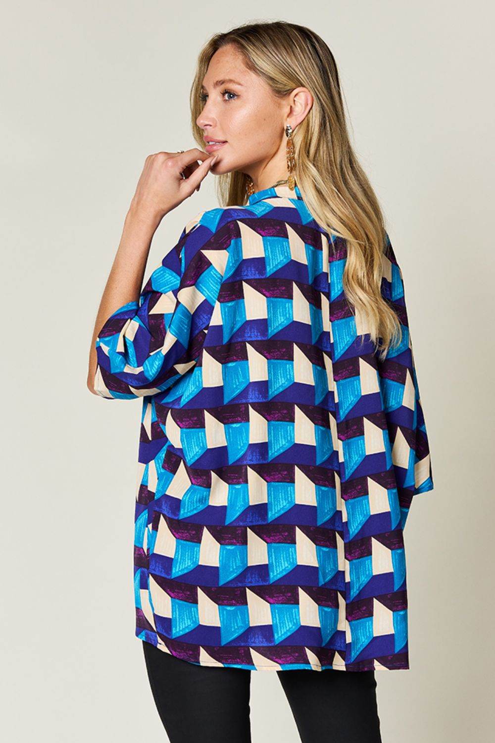 Double Take Full Size Geometric Notched Half Sleeve Blouse for a perfect OOTD – dress to impress outfits from Amexza