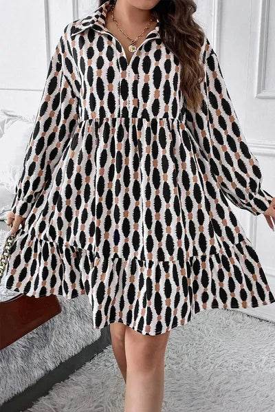 Plus Size Printed Johnny Collar Long Sleeve Dress for a perfect OOTD – dress to impress outfits from Amexza