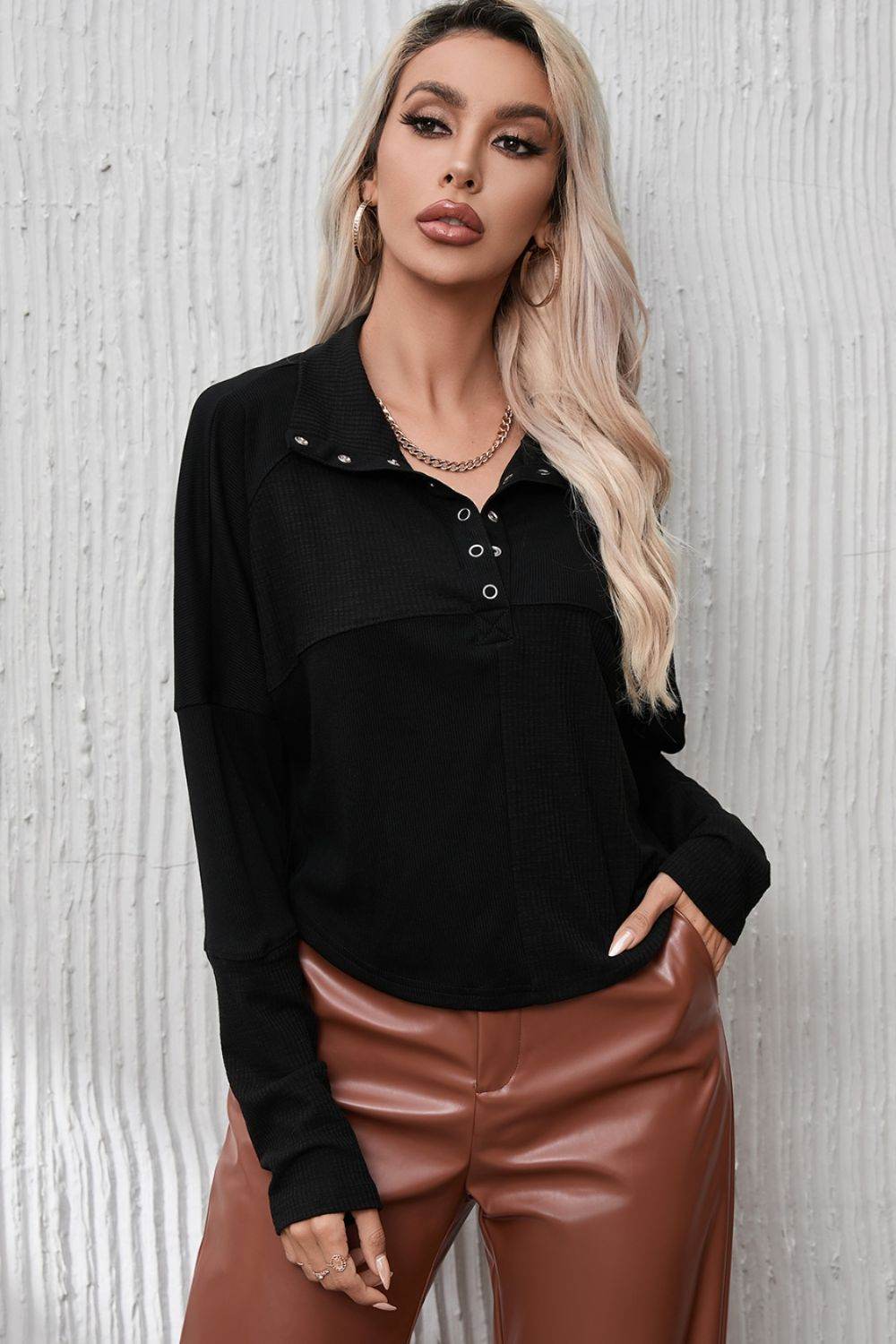 Ribbed Knit Henry Collar Loose Fitting Long Sleeve Top - Amexza