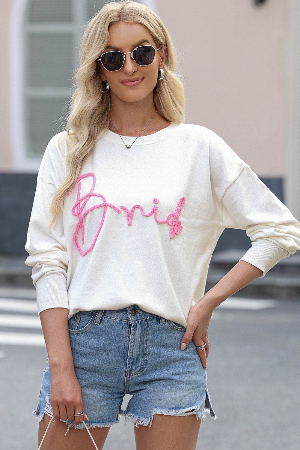 Letter Graphic Round Neck Sweater - Amexza