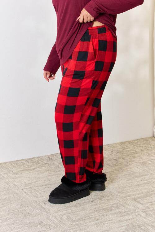 Zenana Full Size Plaid Round Neck Top and Pants Pajama Set for a perfect OOTD – dress to impress outfits from Amexza