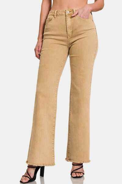 Zenana Acid Washed Frayed Hem Bootcut Jeans Lt Camel for a perfect OOTD – dress to impress outfits from Amexza