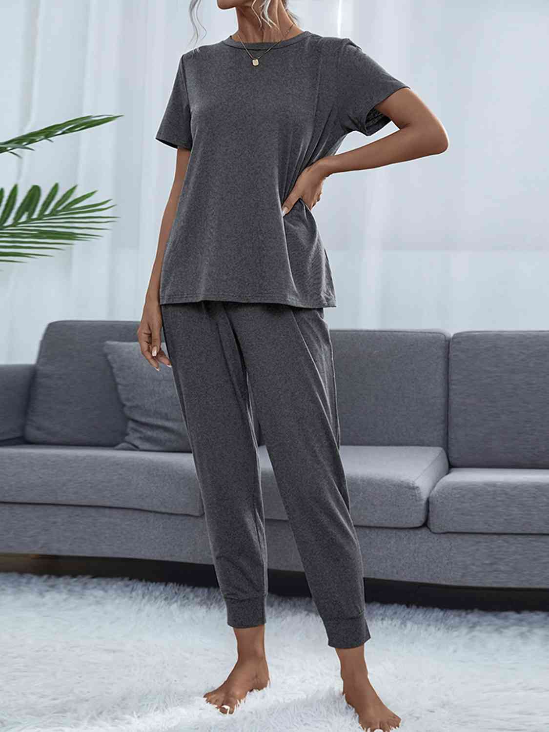 Shiny Round Neck Short Sleeve Top and Pants Set for a perfect OOTD – dress to impress outfits from Amexza