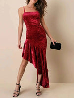 Asymmetrical Velvet Cami Dress with Ruffle Hem