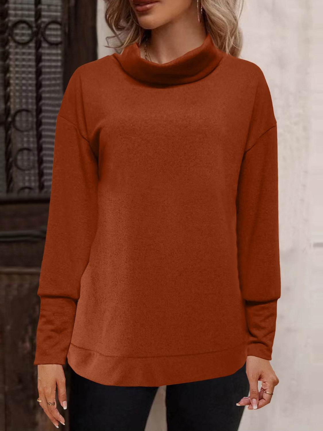 Full Size Mock Neck Long Sleeve T-Shirt Orange-Red for a perfect OOTD – dress to impress outfits from Amexza