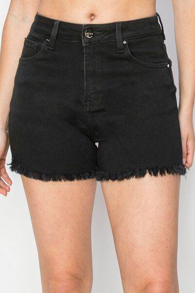 RISEN Full Size High Waist Raw Hem Denim Shorts Solid Black for a perfect OOTD – dress to impress outfits from Amexza