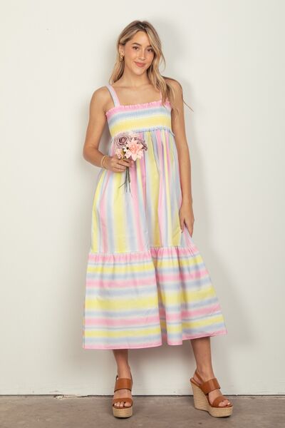 VERY J Striped Woven Smocked Midi Cami Dress PINKCOMBO for a perfect OOTD – dress to impress outfits from Amexza