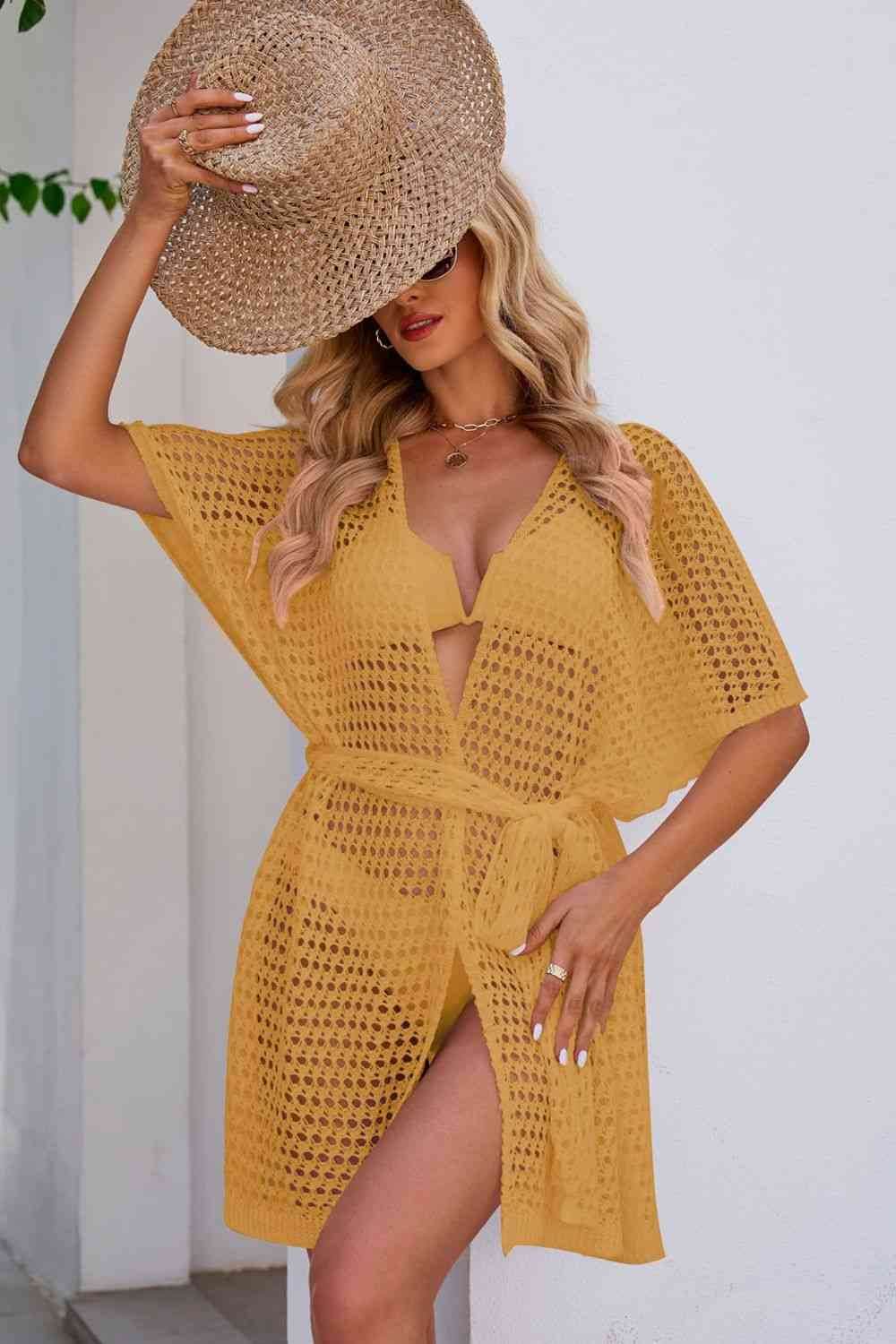 Openwork Tie Waist Cover Up Honey for a perfect OOTD – dress to impress outfits from Amexza