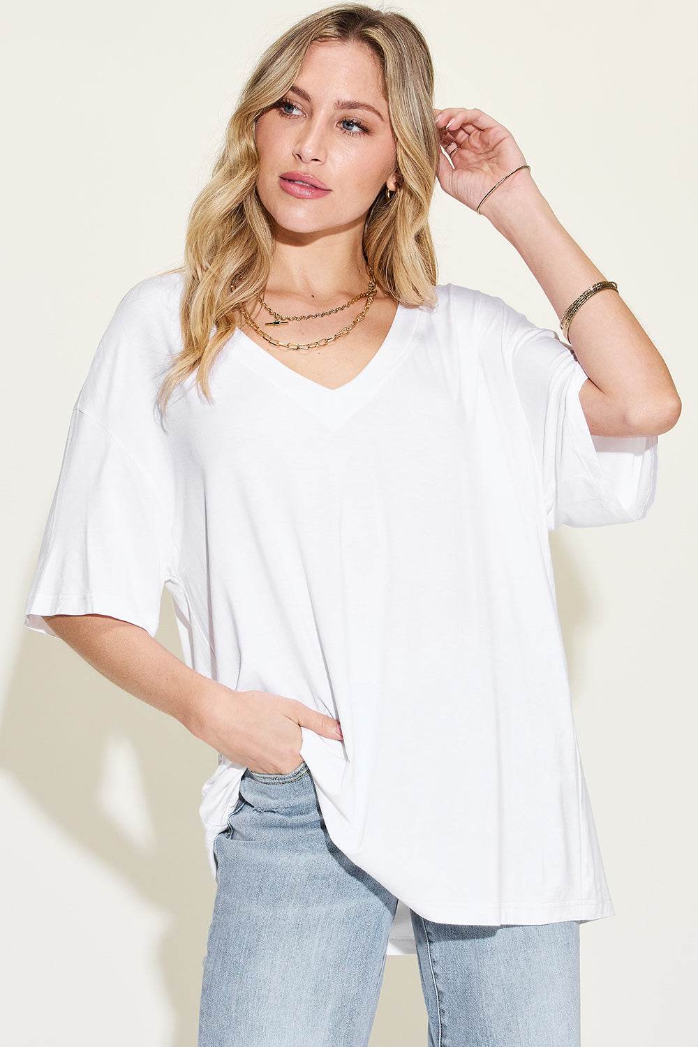 Basic Bae Full Size Bamboo V-Neck Drop Shoulder T-Shirt White for a perfect OOTD – dress to impress outfits from Amexza