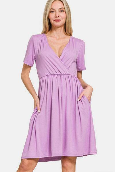 Zenana Surplice Short Sleeve Brushed DTY Dress Pink Purple for a perfect OOTD – dress to impress outfits from Amexza