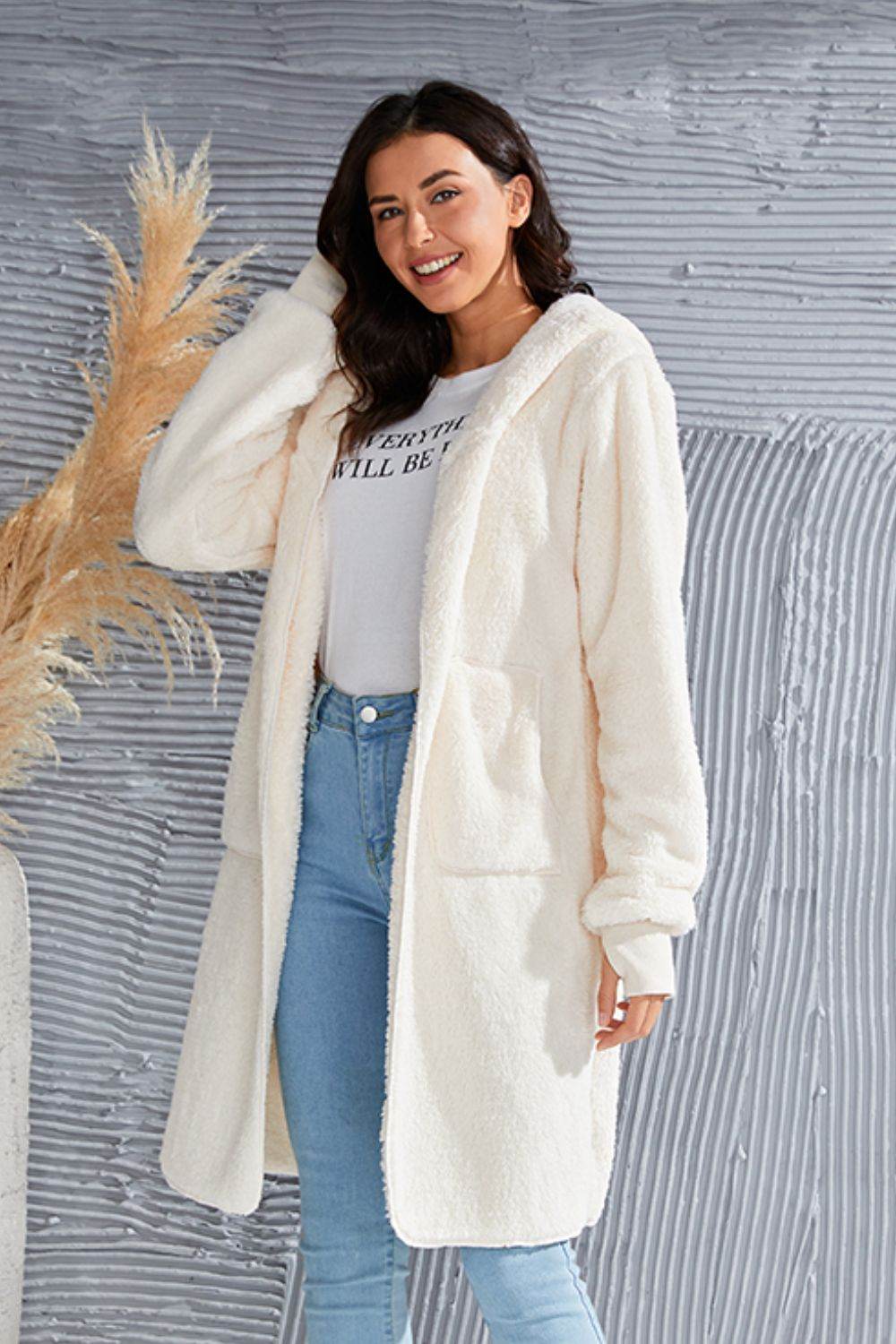 Double Take Full Size Hooded Teddy Bear Jacket with Thumbholes for a perfect OOTD – dress to impress outfits from Amexza