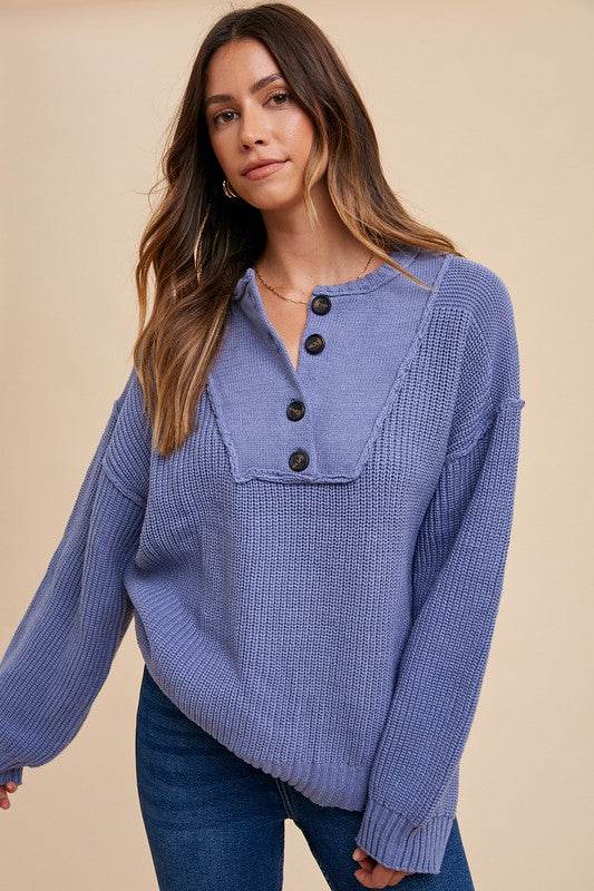 Annie Wear Half Button Ribbed Hem Sweater Light Indigo for a perfect OOTD – dress to impress outfits from Amexza