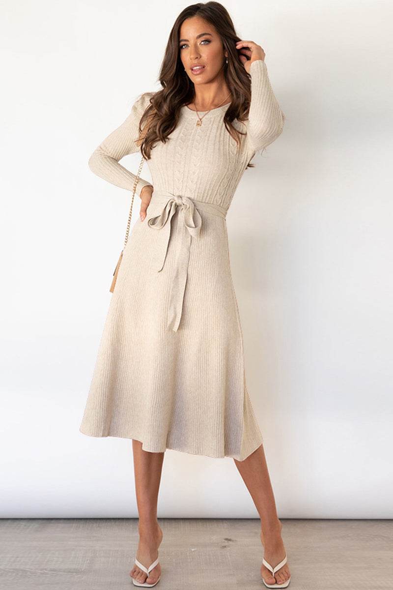 Round Neck Long Sleeve Tie Waist Sweater Dress Beige for a perfect OOTD – dress to impress outfits from Amexza