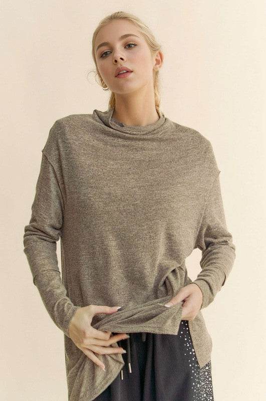 Davi & Dani Slit Mock Neck Long Sleeve Top Taupe for a perfect OOTD – dress to impress outfits from Amexza