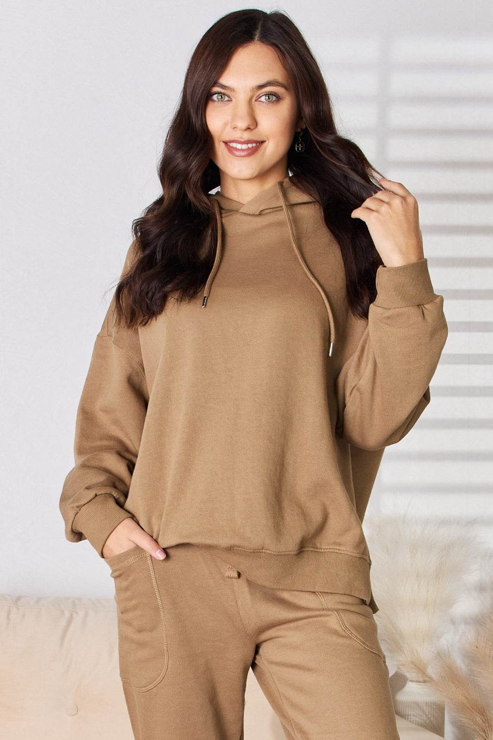 RISEN Drawstring Drop Shoulder Long Sleeve Hoodie Mocha for a perfect OOTD – dress to impress outfits from Amexza