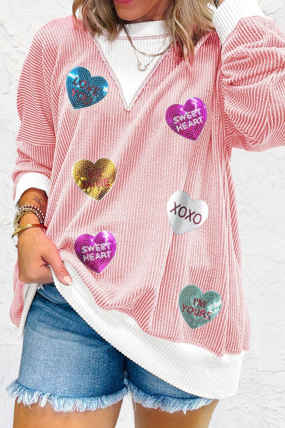 Valentine’s Day Sequin Heart Long Sleeve Sweatshirt for a perfect OOTD – dress to impress outfits from Amexza