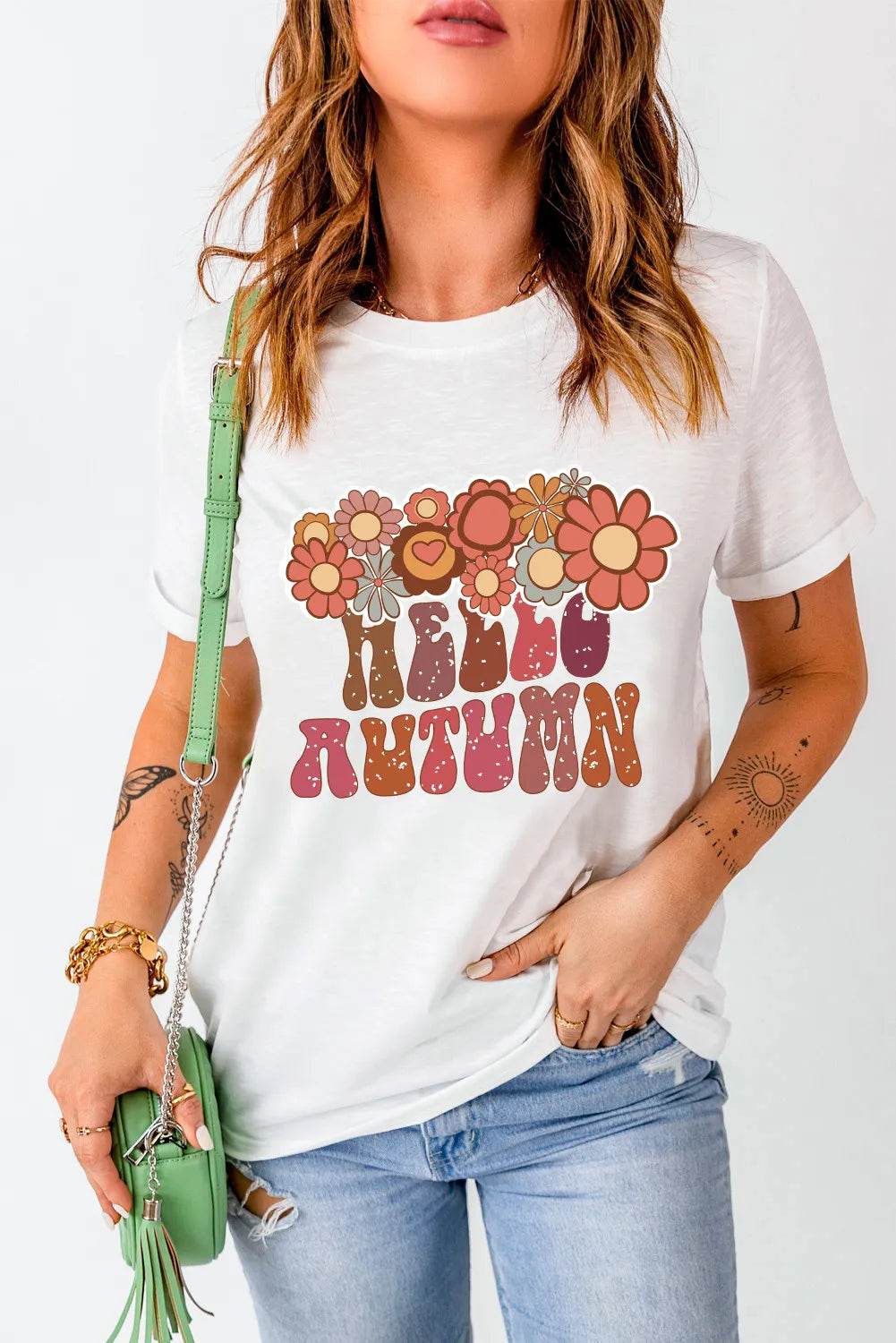 Flower & Letter Graphic Round Neck Short Sleeve T-Shirt White for a perfect OOTD – dress to impress outfits from Amexza