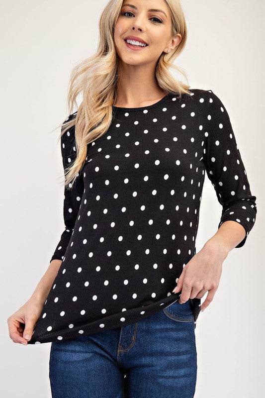 Celeste Full Size Polka Dot Round Neck Three-Quarter Sleeve T-Shirt for a perfect OOTD – dress to impress outfits from Amexza