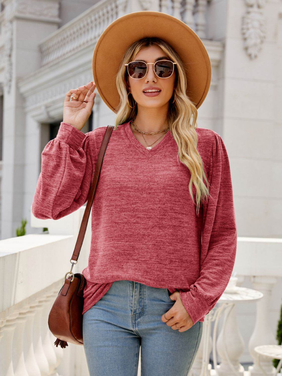 Heathered V-Neck Long Sleeve T-Shirt for a perfect OOTD – dress to impress outfits from Amexza