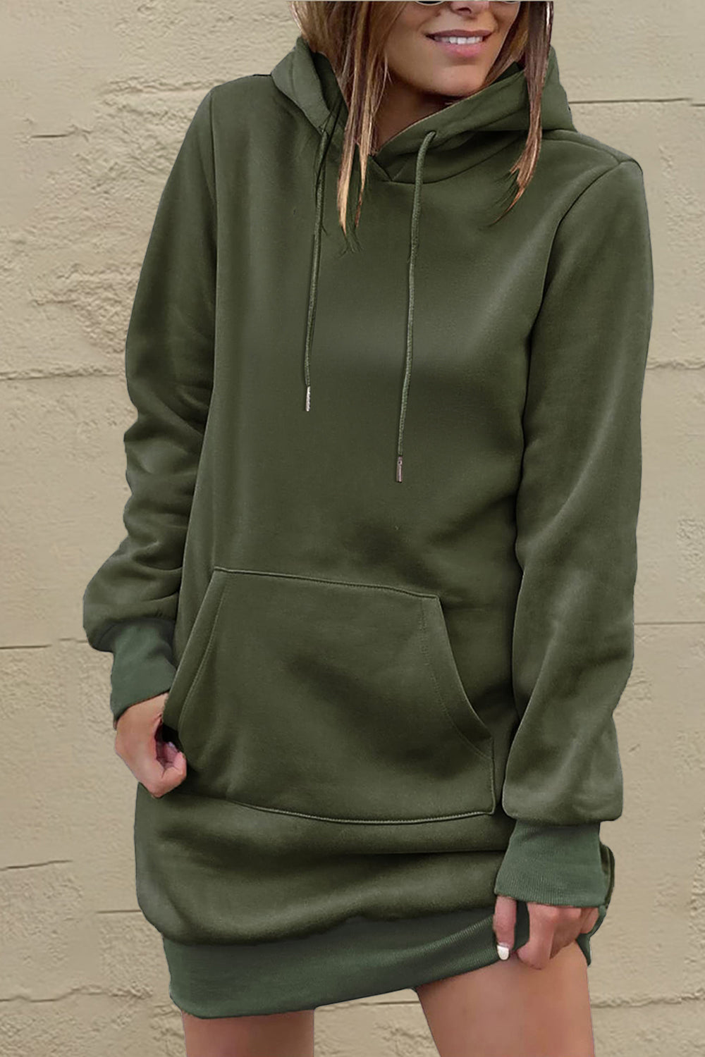 Drawstring Long Sleeve Hooded Mini Dress - Army Green / S