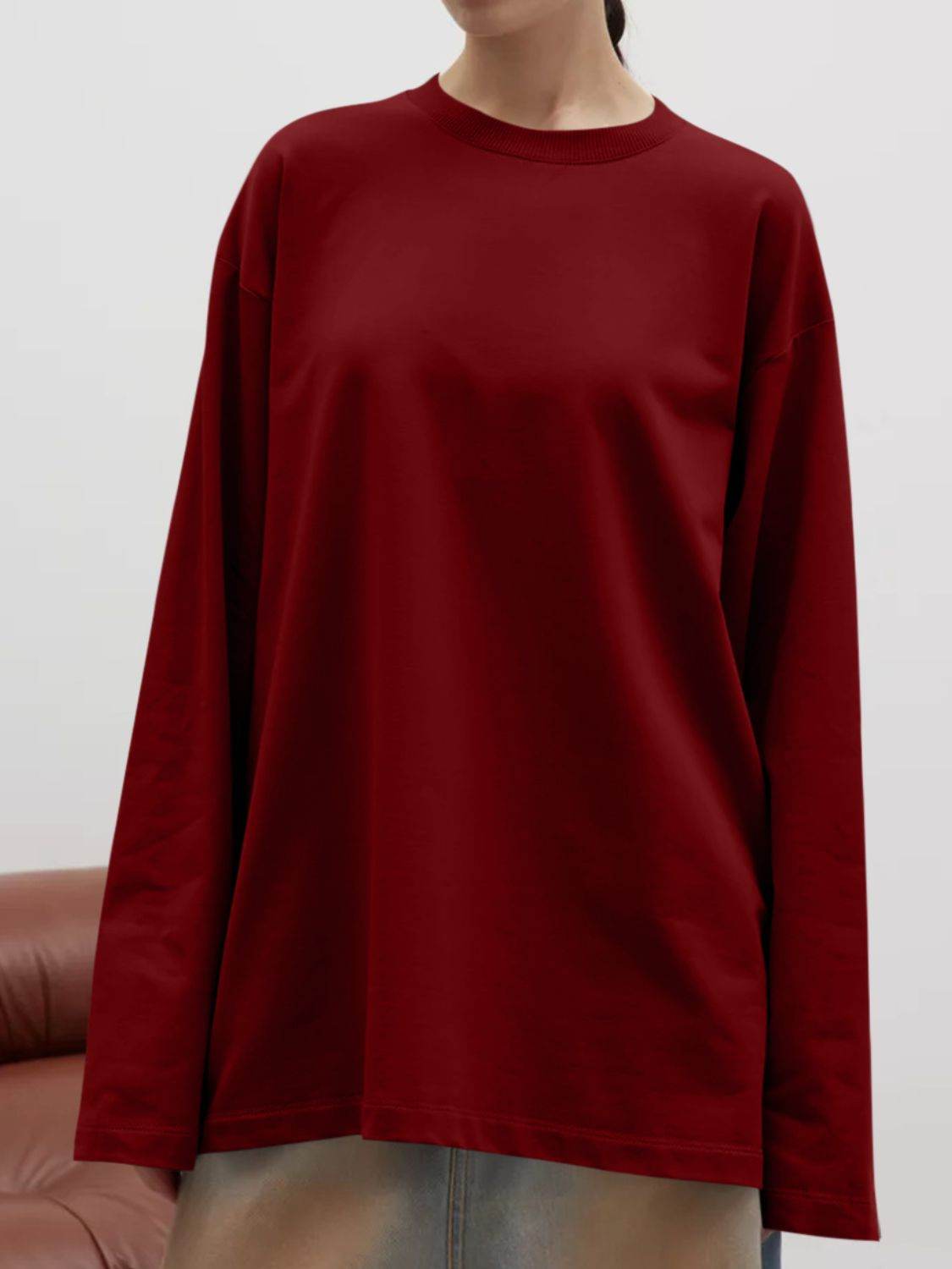 Round Neck Dropped Shoulder Long Sleeve T-Shirt Burgundy for a perfect OOTD – dress to impress outfits from Amexza