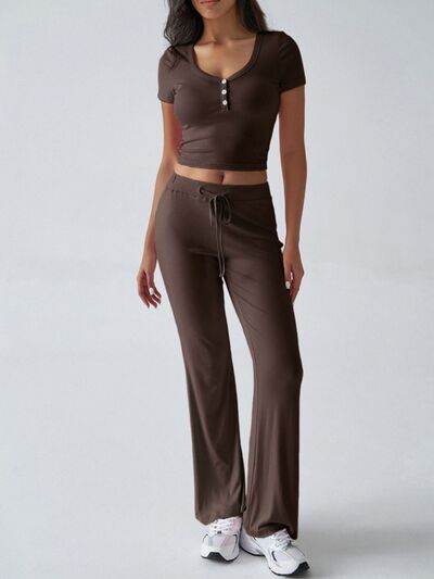 Devine Short Sleeve Top and Drawstring Pants Set Brown for a perfect OOTD – dress to impress outfits from Amexza