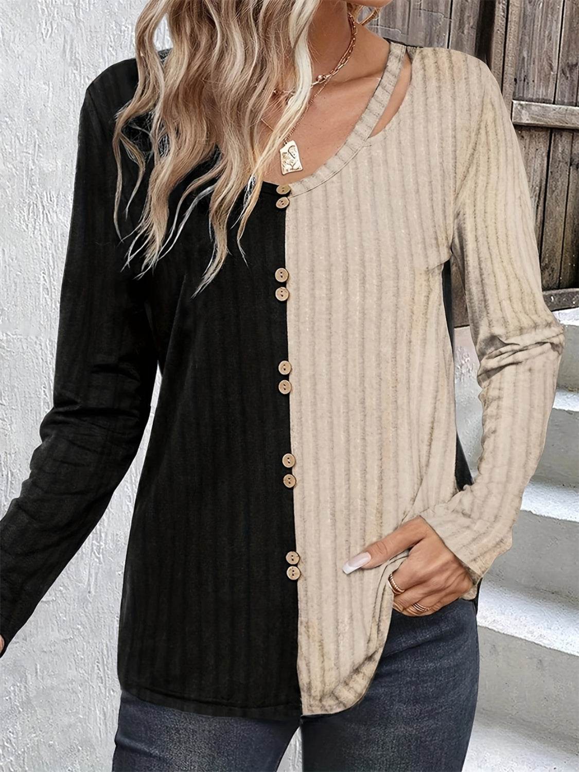 Decorative Button Contrast Round Neck Long Sleeve T-Shirt Black for a perfect OOTD – dress to impress outfits from Amexza