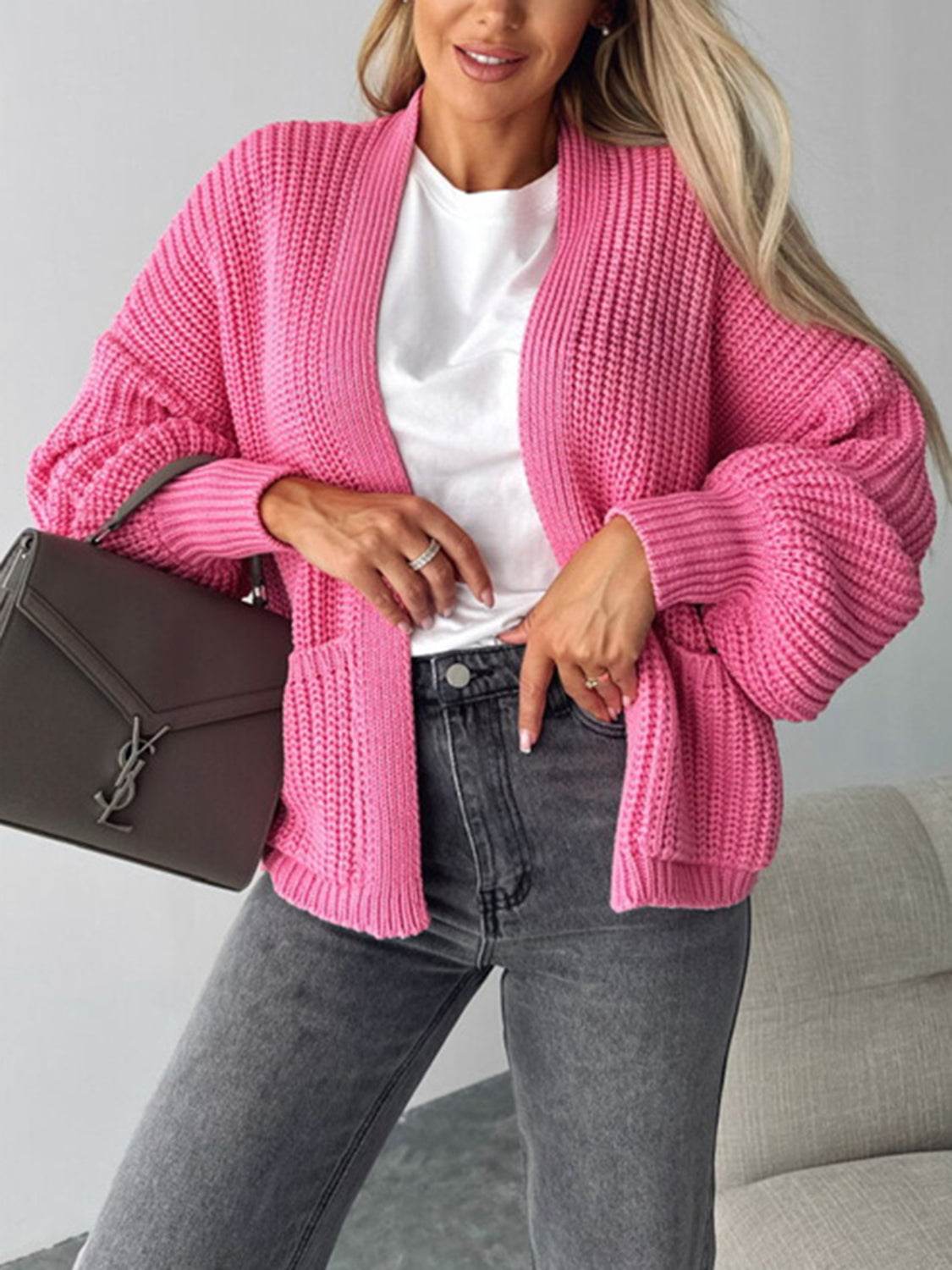 Open Front Dropped Shoulder Cardigan - Amexza