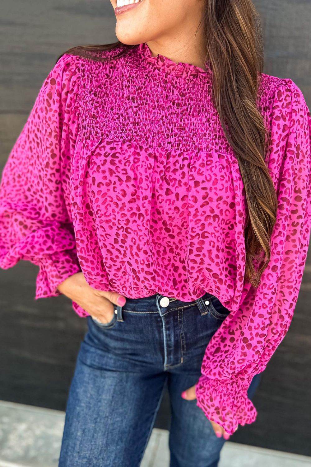 Ruched Leopard Mock Neck Long Sleeve Blouse Hot Pink for a perfect OOTD – dress to impress outfits from Amexza