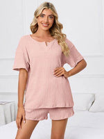 Notched Short Sleeve and Shorts Lounge Set Blush Pink for a perfect OOTD – dress to impress outfits from Amexza